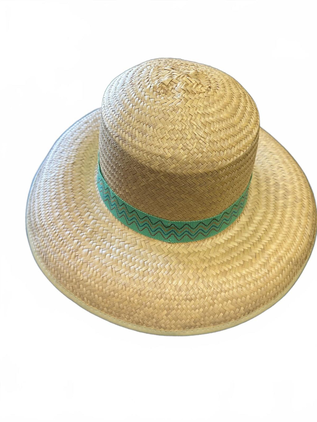Vintage Wide Brim Straw Sun Hat Turquoise Trim