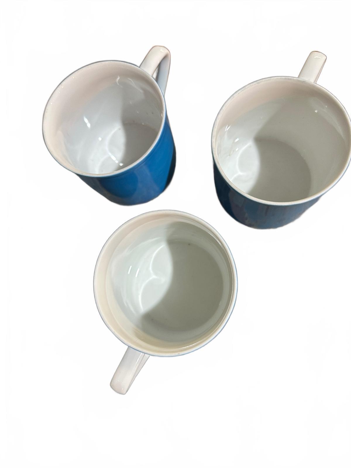 Ceramic Mugs, Set Of 3 Blue & White, 6 oz, Mid Century Modern, Vintage
