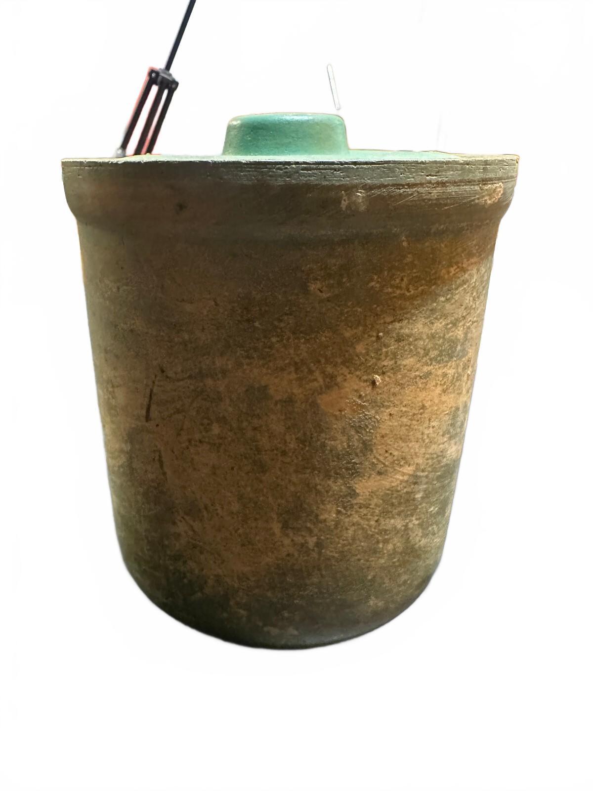 Antique Primitive Green Glazed Stoneware Lidded Canister