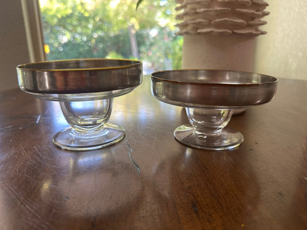 Vintage Silver Band Glass Compotes Set of 2 MCM