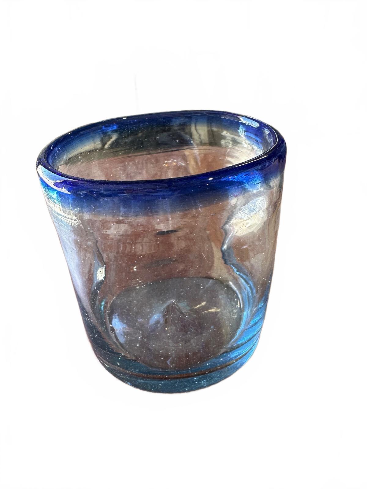 2 Mexican Hand Blown Cobalt Blue Rim Glass Tumblers