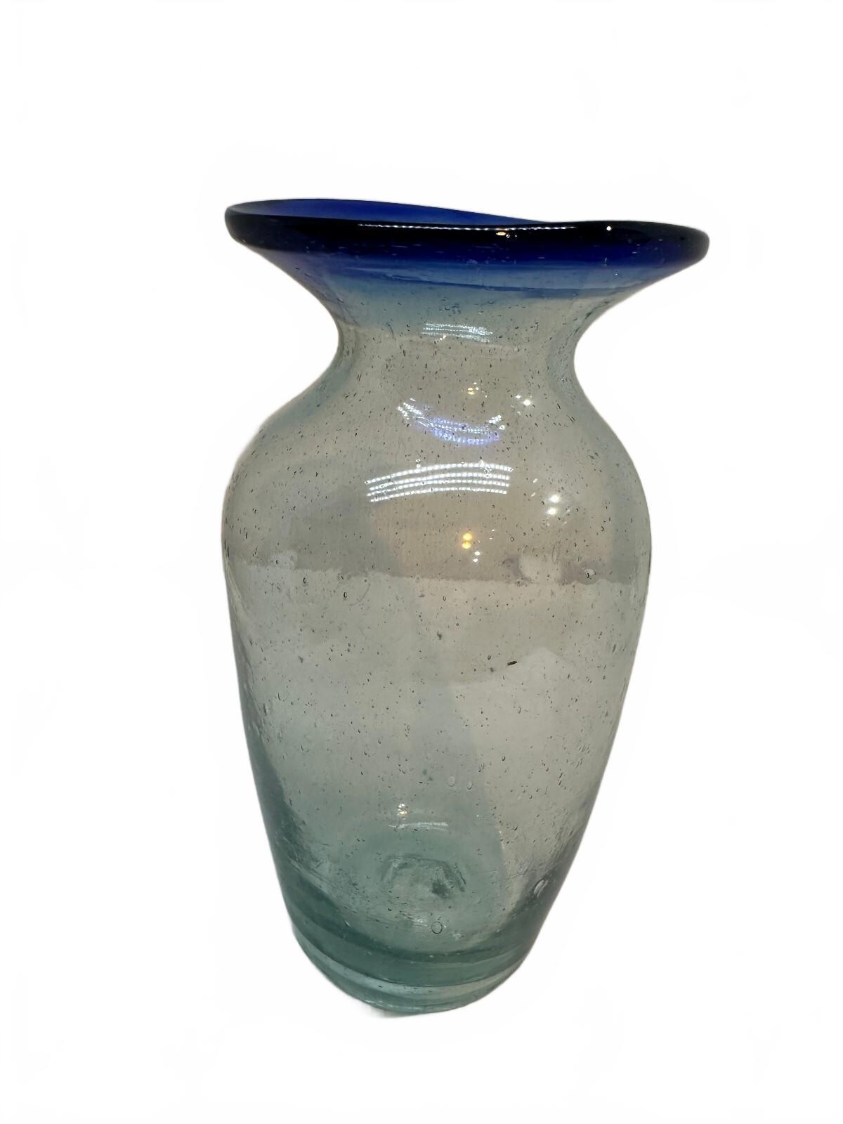 Mexican Hand Blown Glass Vase Cobalt Blue Rim 7.25"