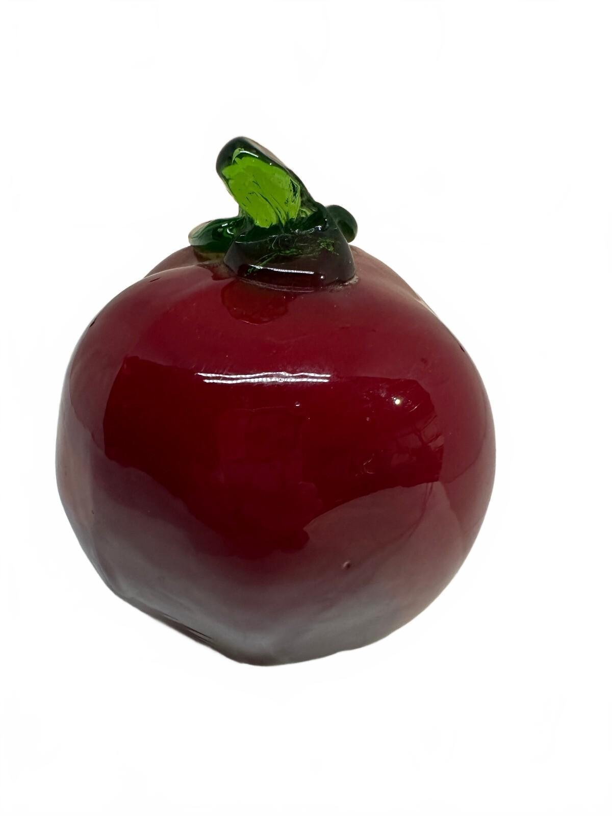 Red Hand Blown Art Glass Apple Paperweight Green Leaf