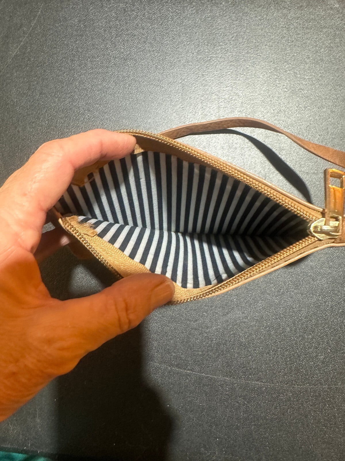 Brown Faux Leather Wristlet Clutch Striped Lining
