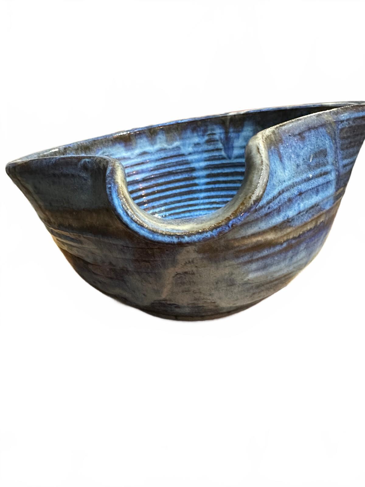 Hand Thrown Blue Studio Pottery Batter Bowl Spout 9"