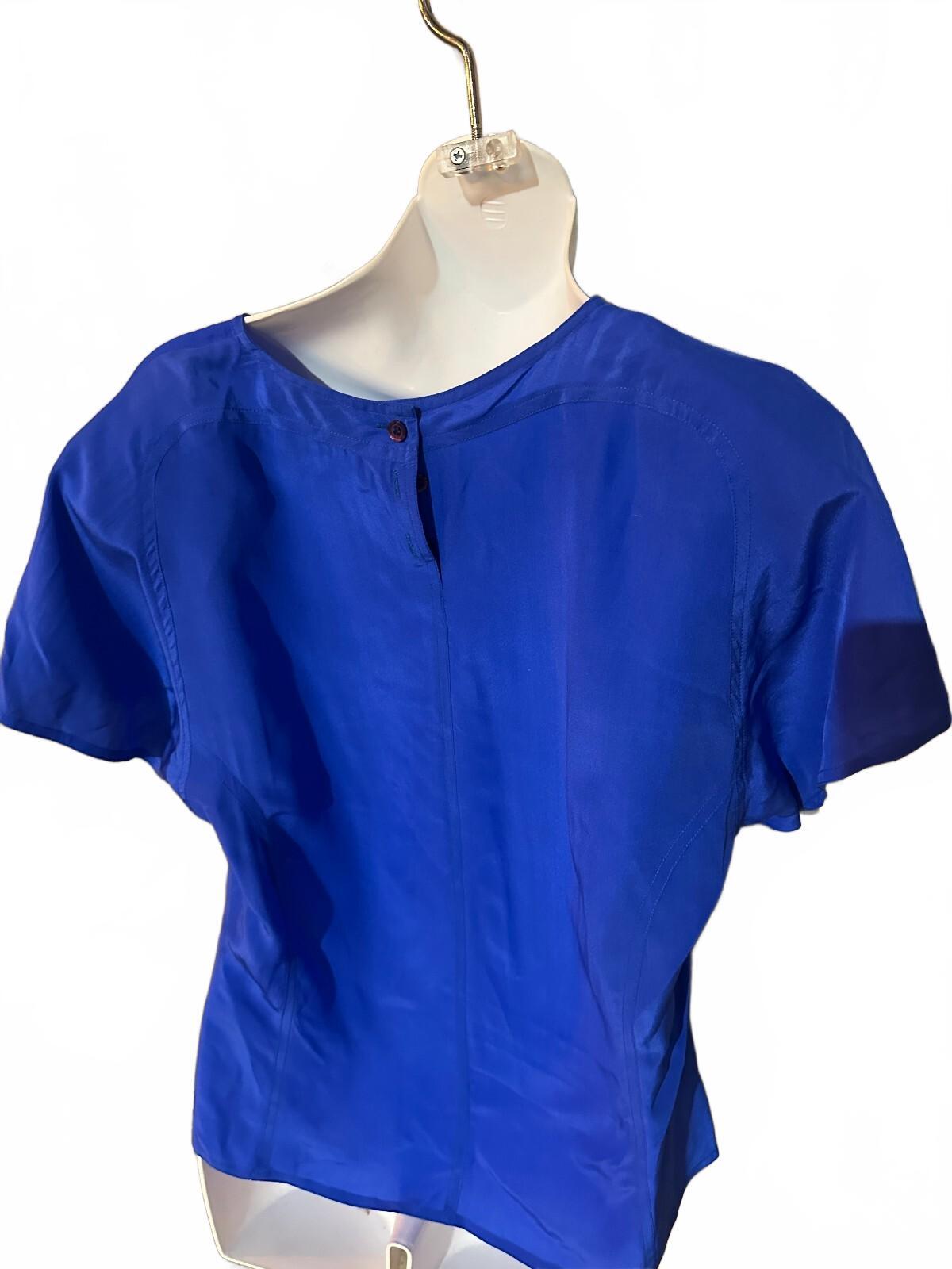 Bethany Blue 100% Silk Short Sleeve Blouse M