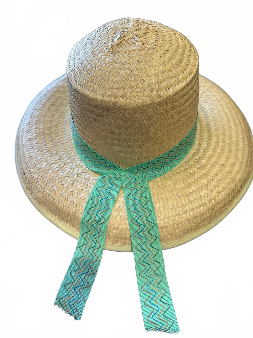 Vintage Wide Brim Straw Sun Hat Turquoise Trim