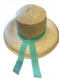 Vintage Wide Brim Straw Sun Hat Turquoise Trim