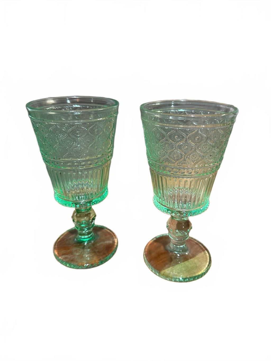 Indiana Glass Diamond Point Green Goblets Set of 2