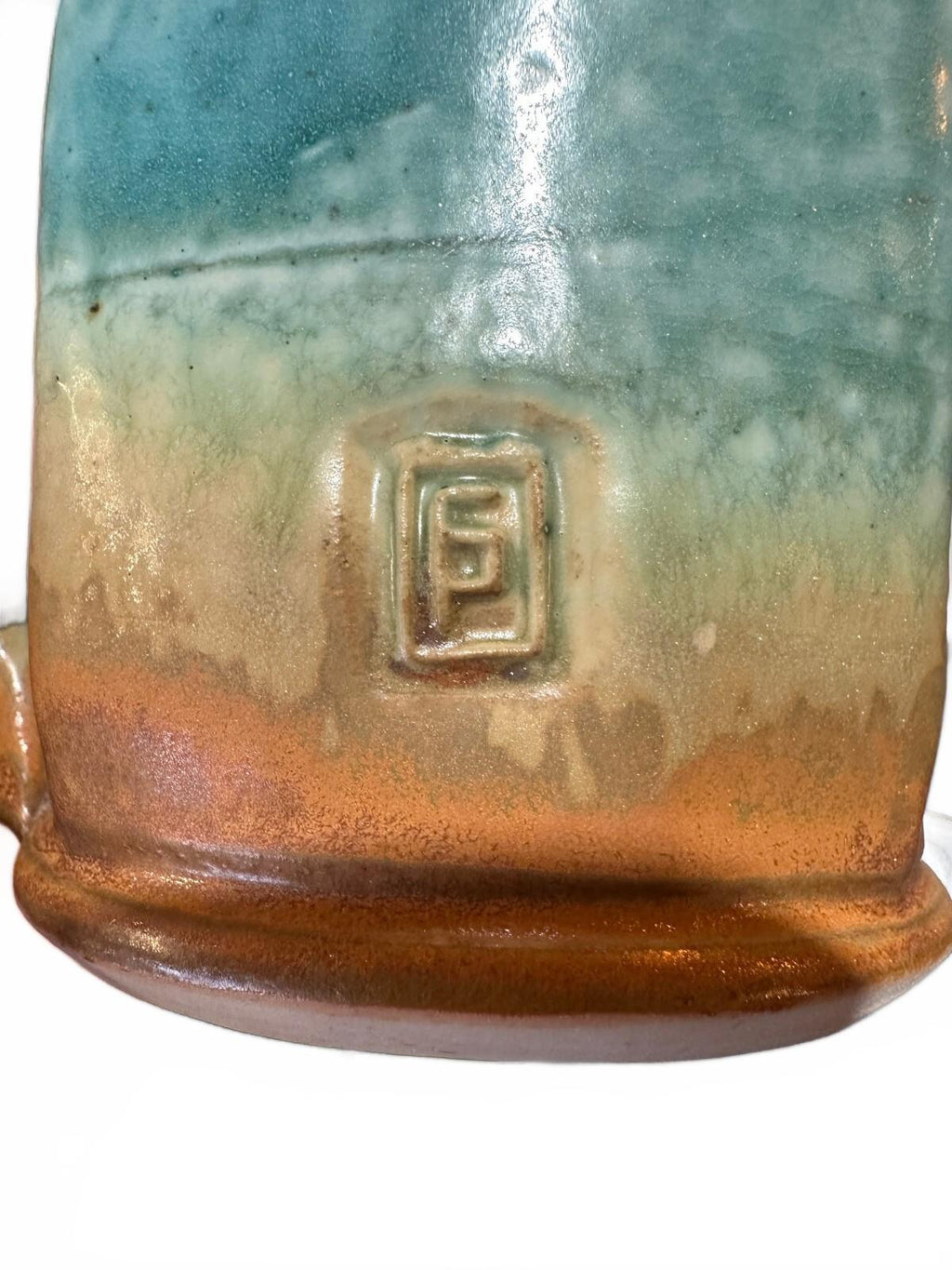 Studio Pottery Violin Mug Signed Green Brown 4"
