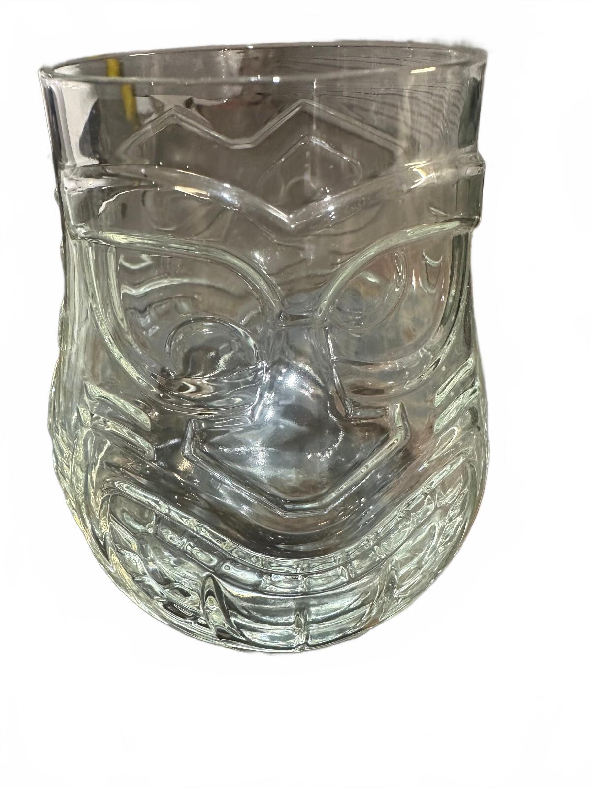 Vintage Clear Glass Tiki Face Cup Tumbler 4.5"