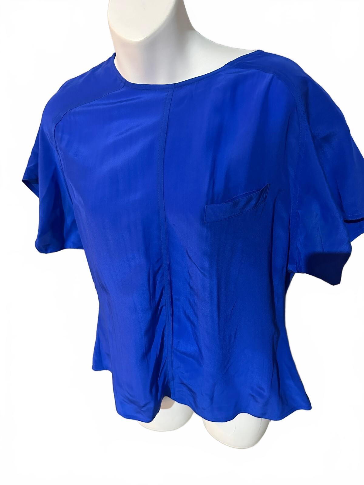Bethany Blue 100% Silk Short Sleeve Blouse M