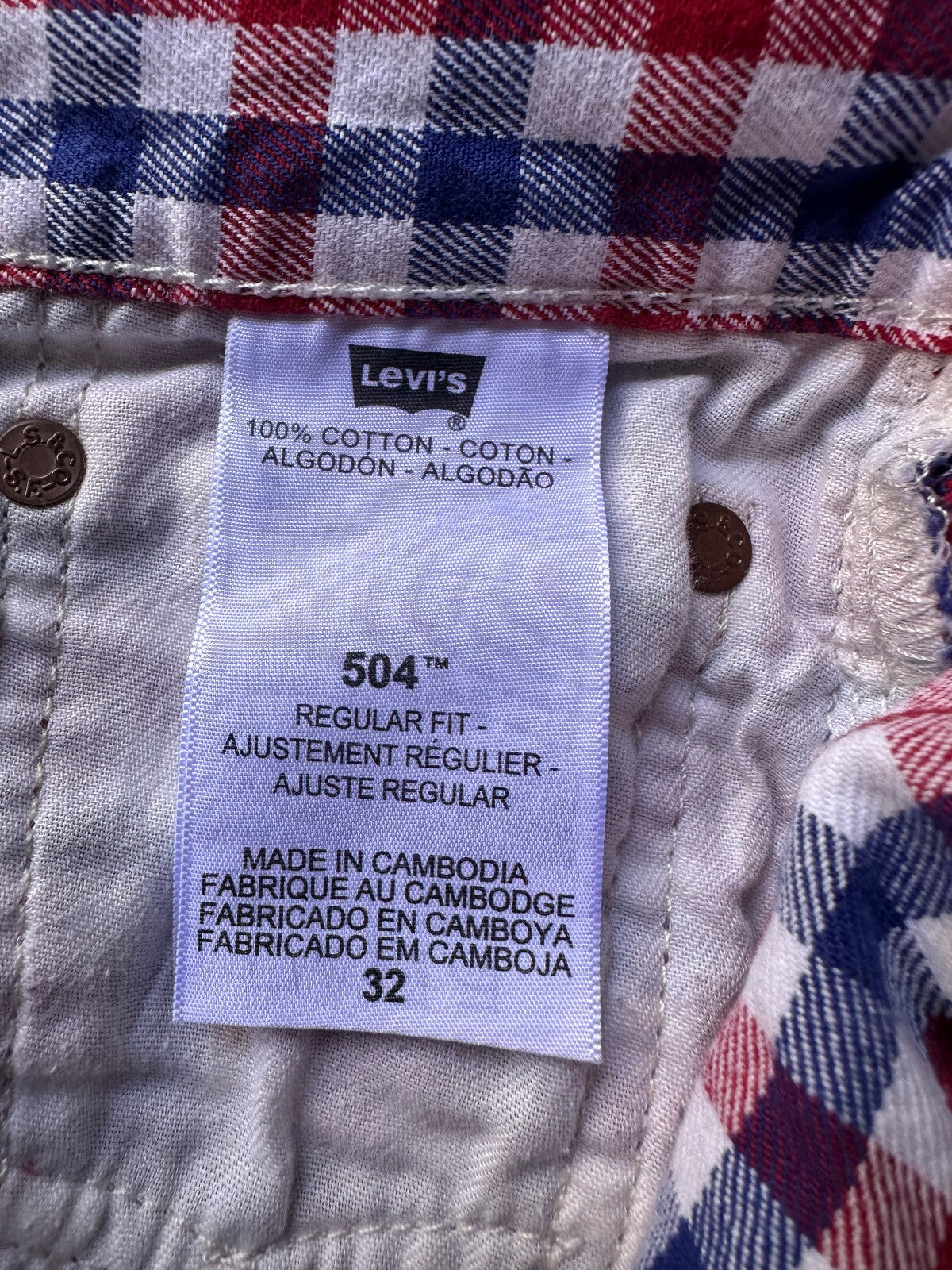 Levi's 504 Plaid Shorts Red White Blue W32