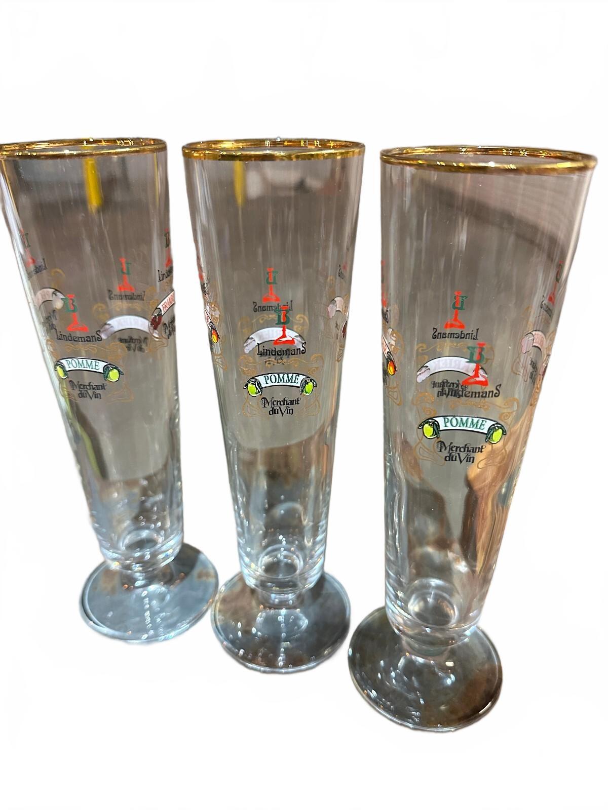3 Lindemans Belgian Lambic Gold Rim Beer Flute Glasses