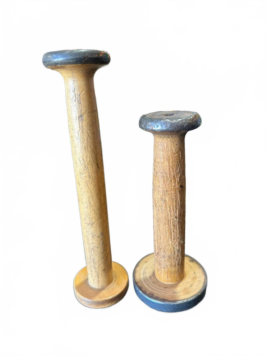 Vintage Wooden Textile Mill Bobbins 7" & 9" Pair