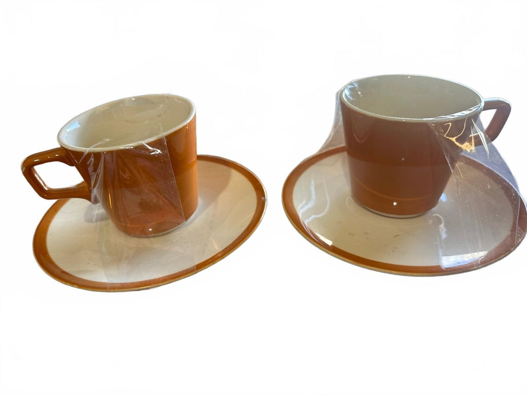 Vintage Rust Brown Stoneware Cups & Saucers Set of 2