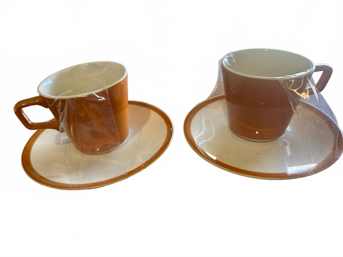 Vintage Rust Brown Stoneware Cups & Saucers Set of 2