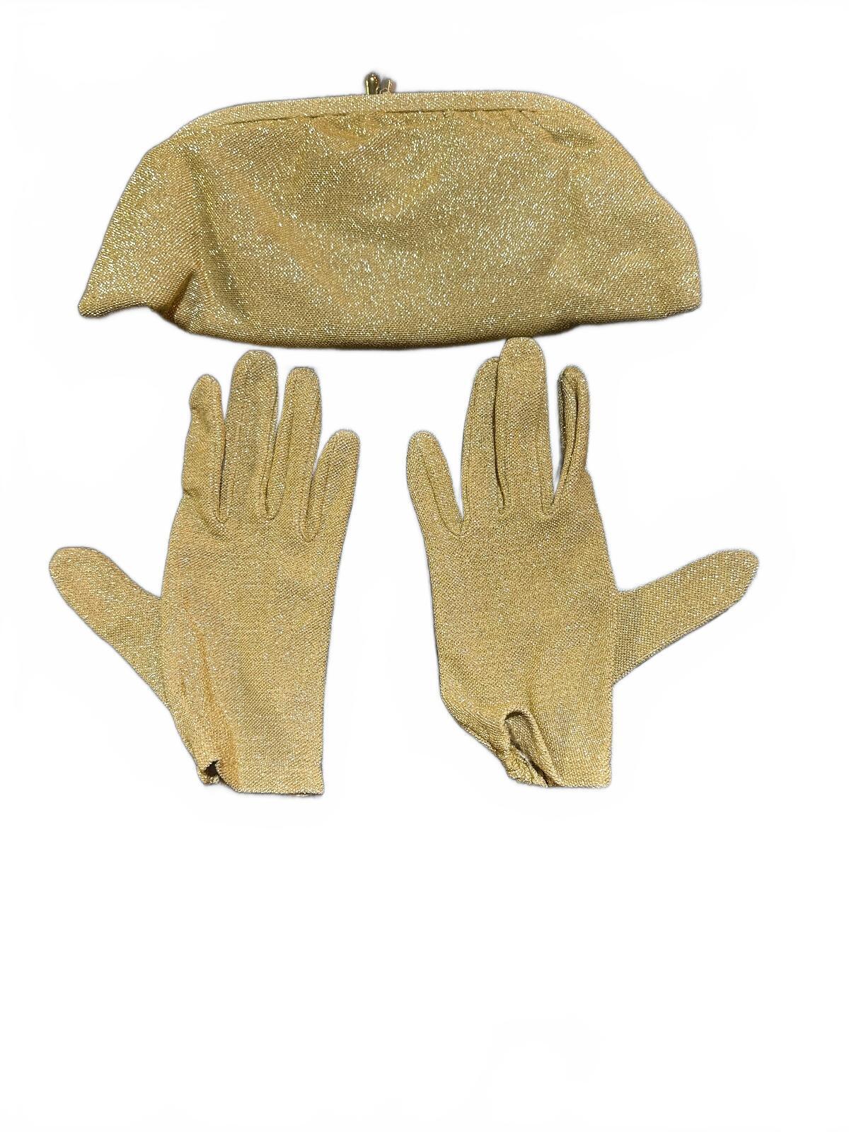 Gold lame clutch with gloves 10” x 5”