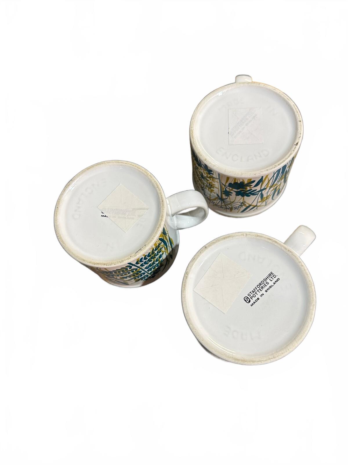 3 Vintage Staffordshire England Floral Mugs 1970s