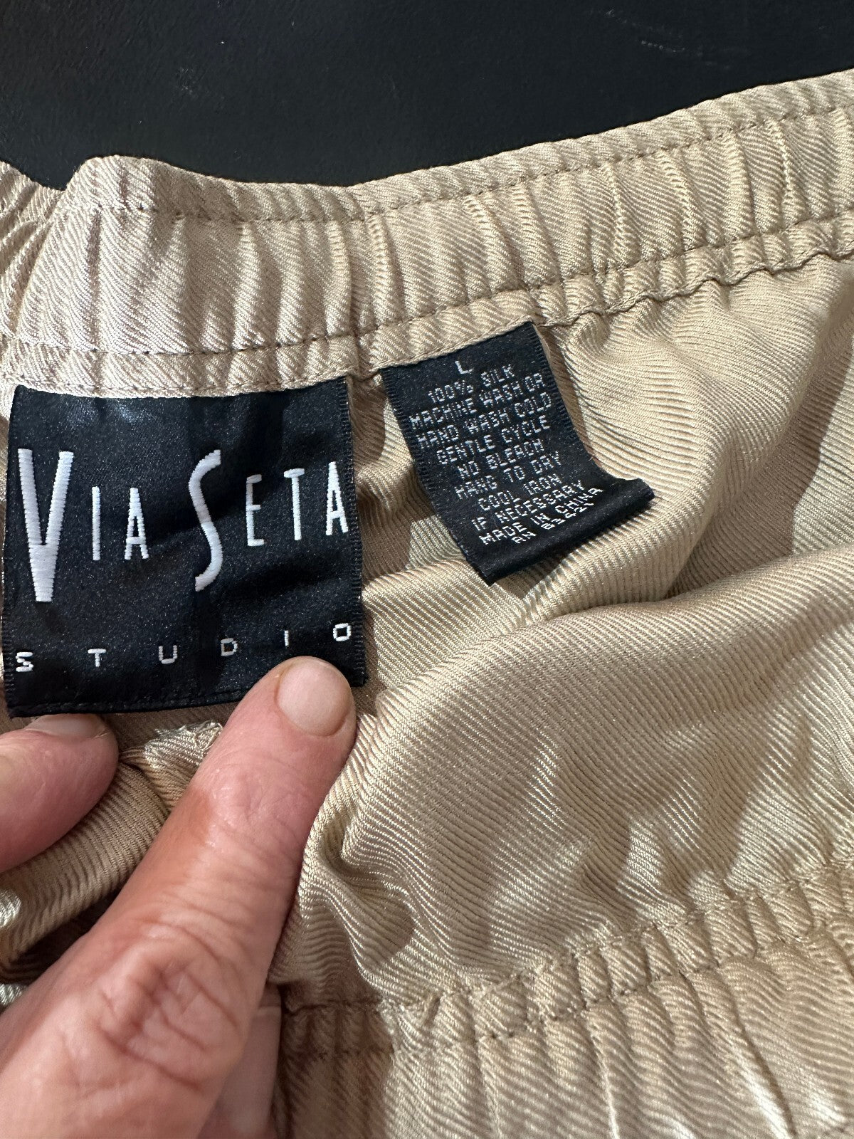 Via Seta 100% Silk Drawstring Pants Tan L