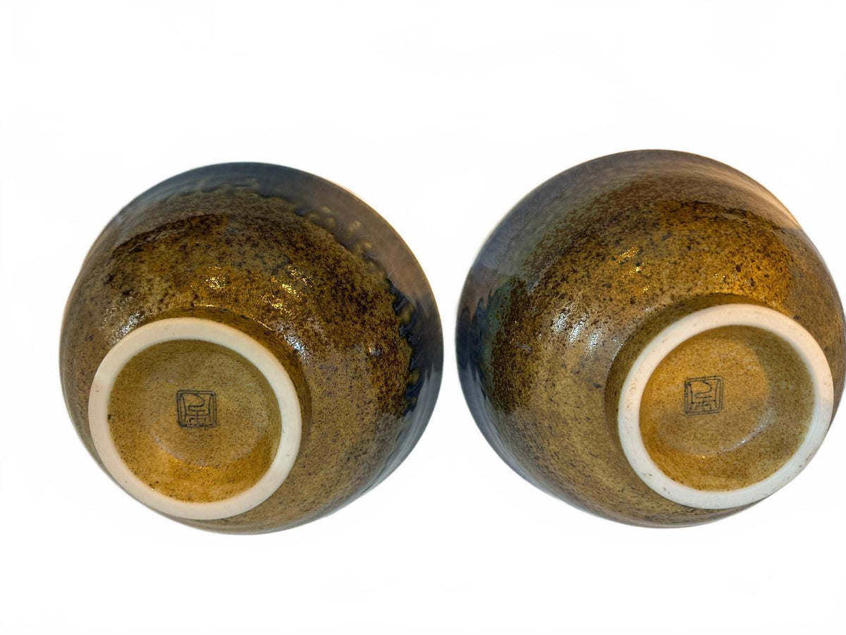 Set of 3 Signed Studio Pottery Stoneware Bowls Blue Brown
