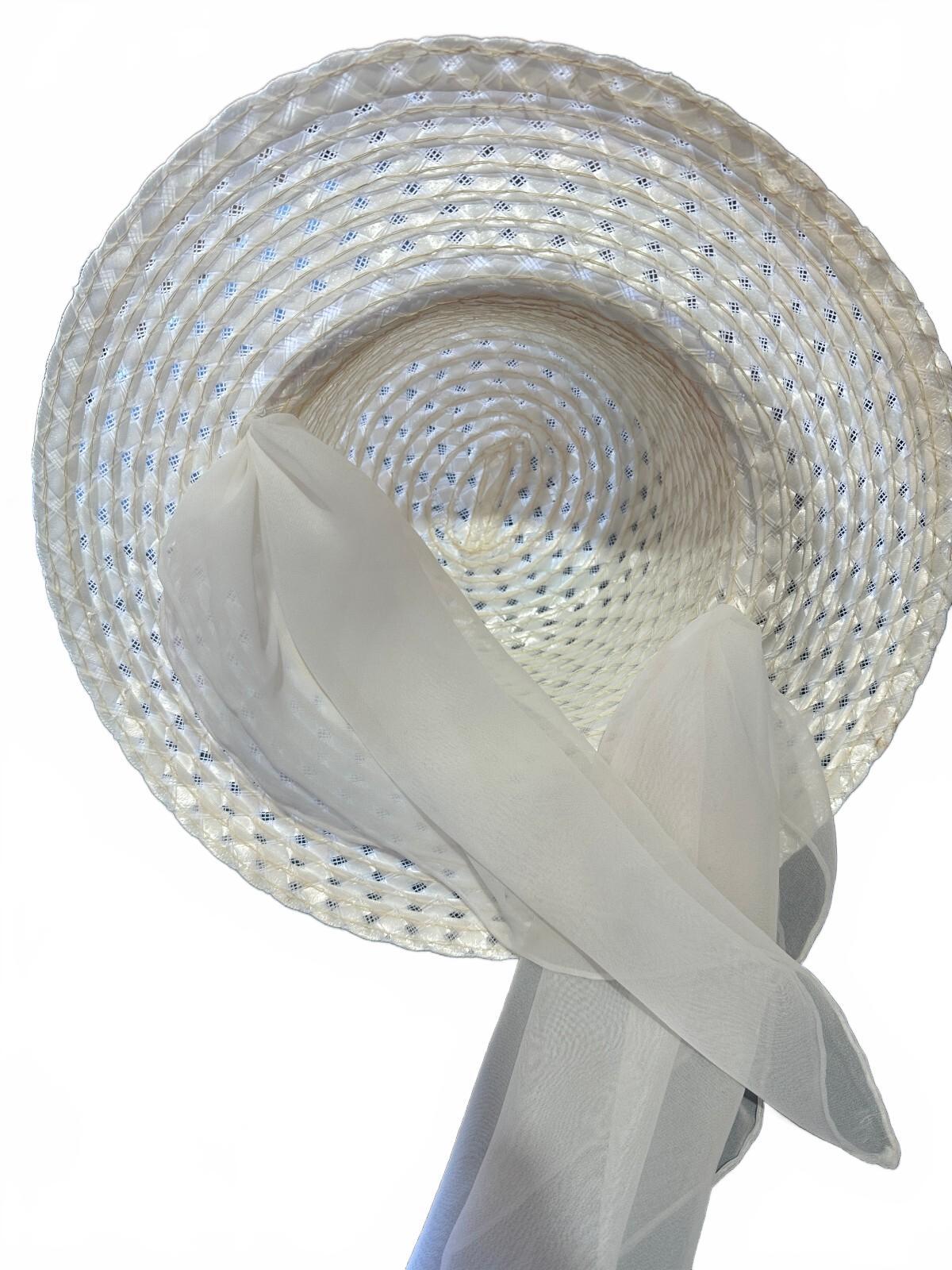 Vintage White Straw Sun Hat with Chiffon Ribbon
