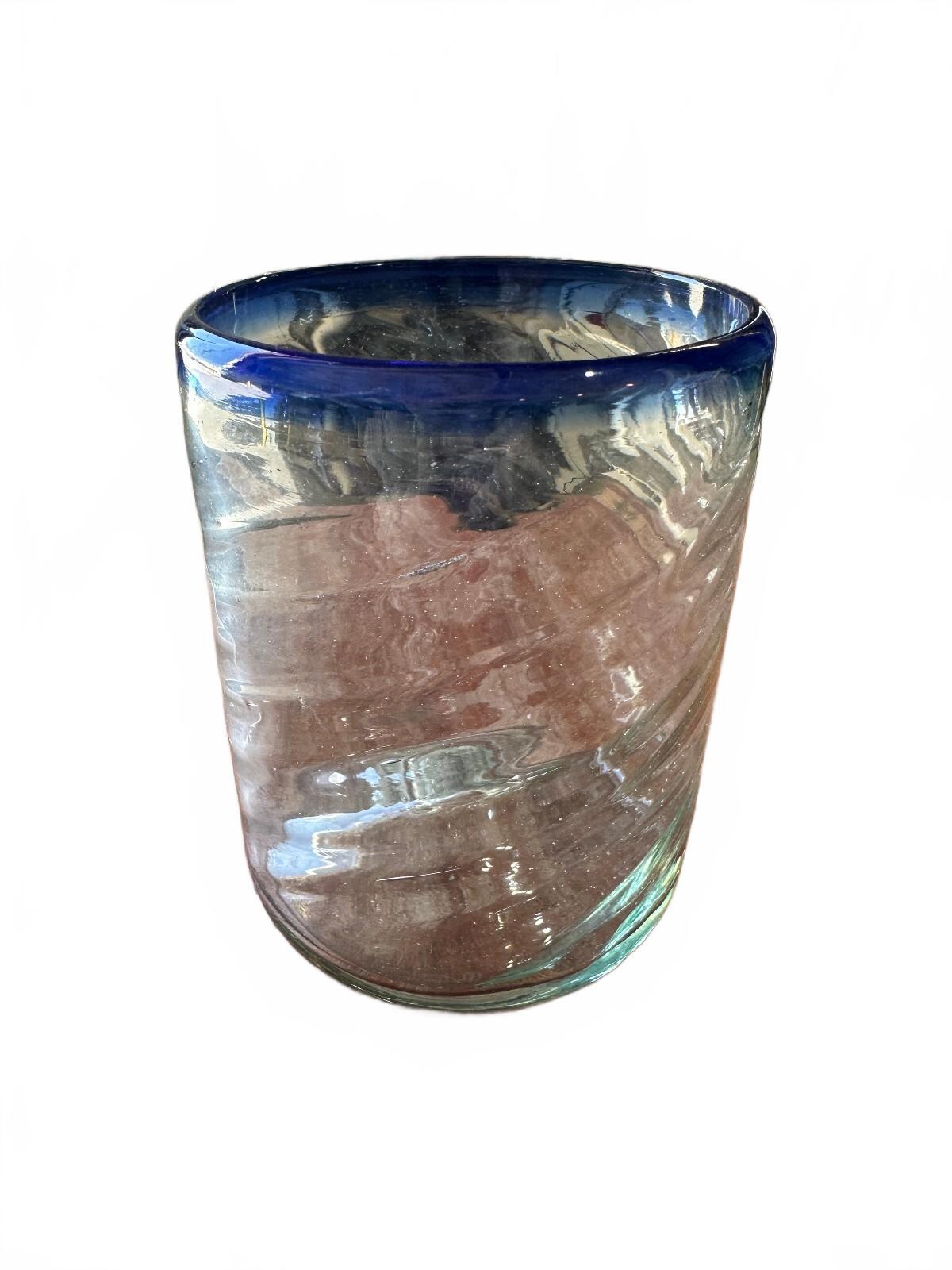 2 Mexican Hand Blown Cobalt Blue Rim Glass Tumblers
