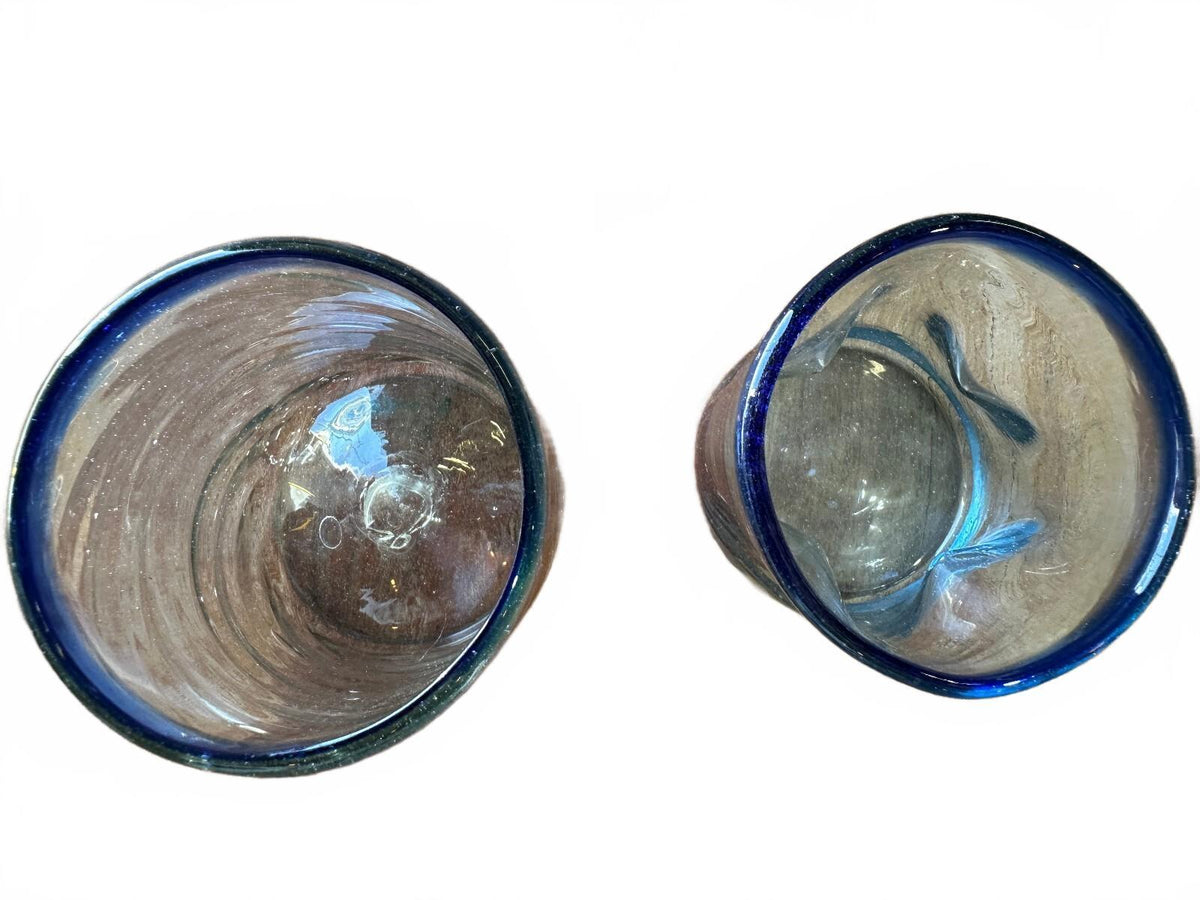 2 Mexican Hand Blown Cobalt Blue Rim Glass Tumblers