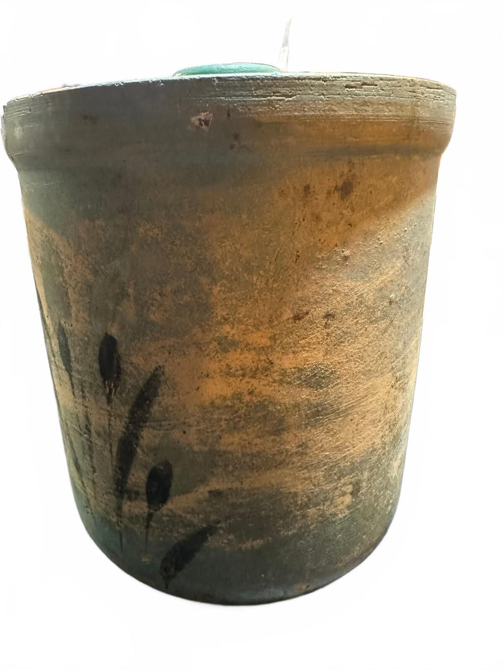 Antique Primitive Green Glazed Stoneware Lidded Canister