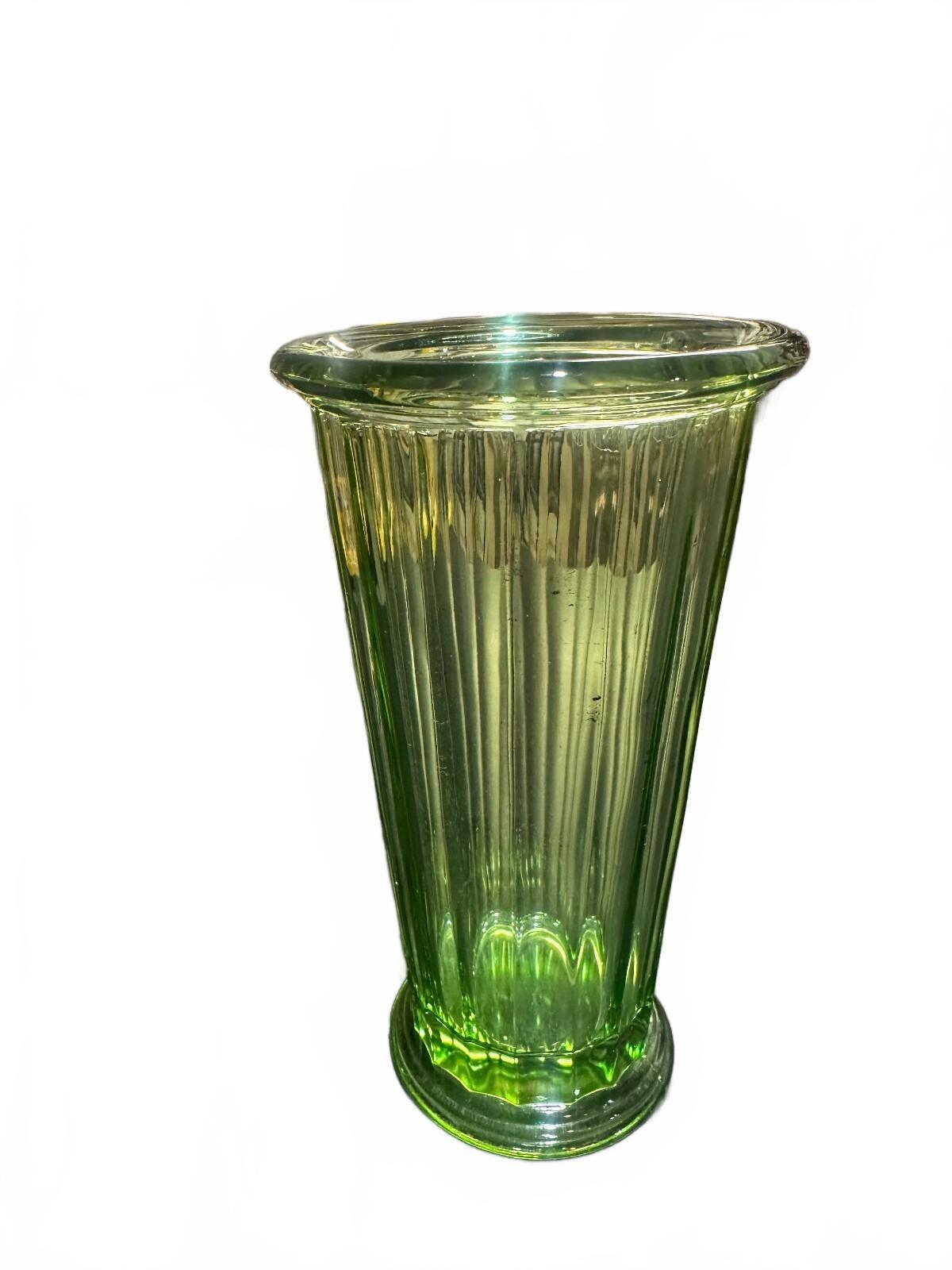 Vintage Green Ribbed Glass Vase 7" Mid Century