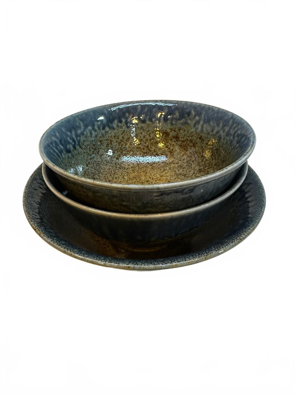 Set of 3 Signed Studio Pottery Stoneware Bowls Blue Brown