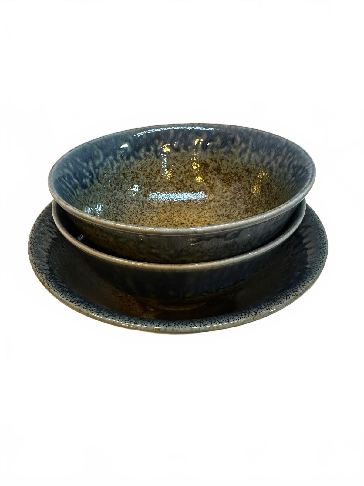 Set of 3 Signed Studio Pottery Stoneware Bowls Blue Brown