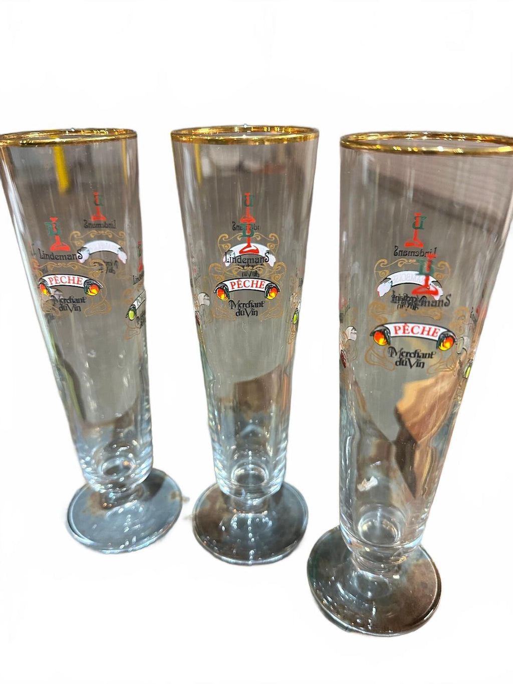 3 Lindemans Belgian Lambic Gold Rim Beer Flute Glasses