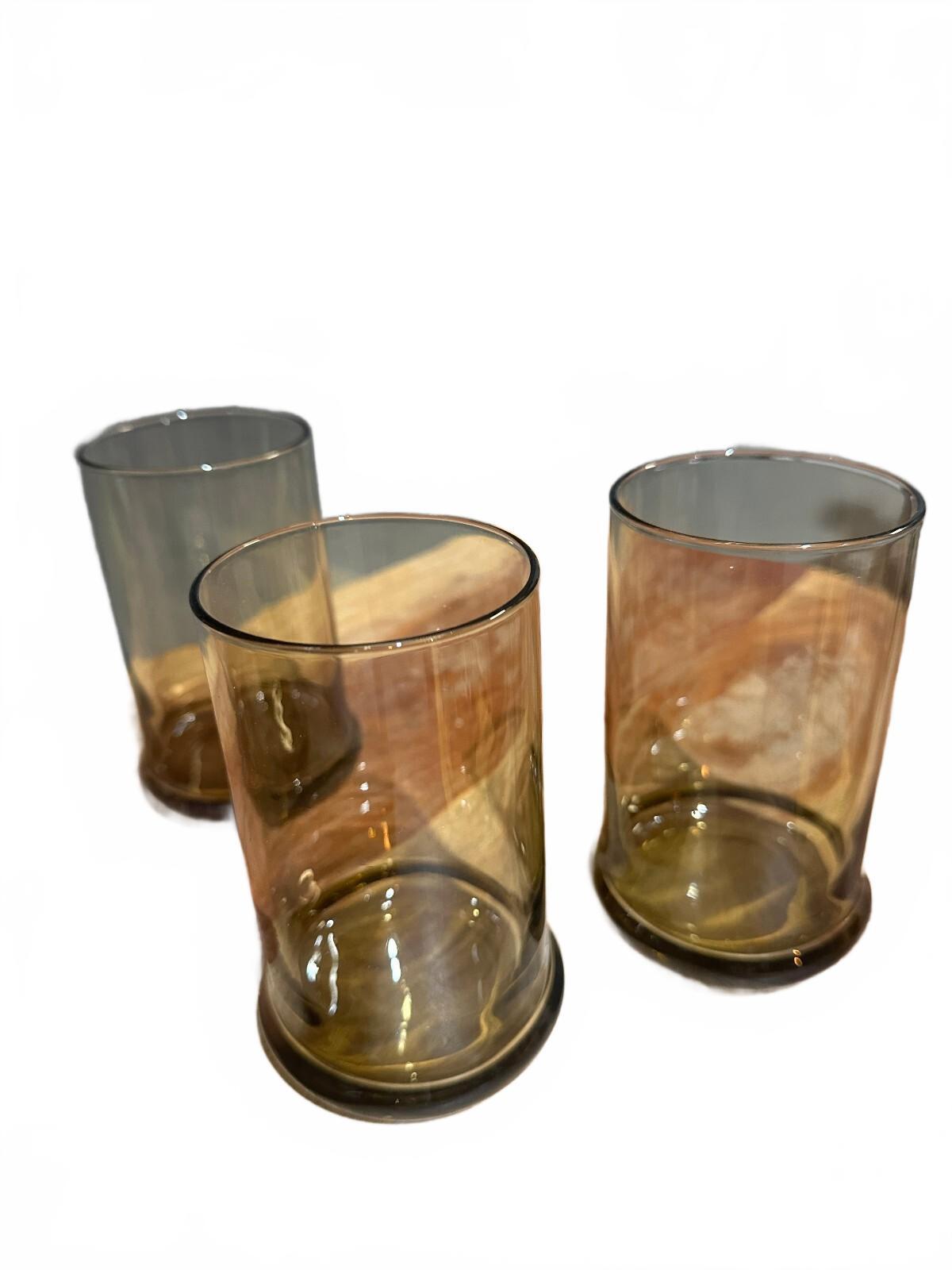 3 Vintage Smoke Brown Glass Tumblers 5 Inch