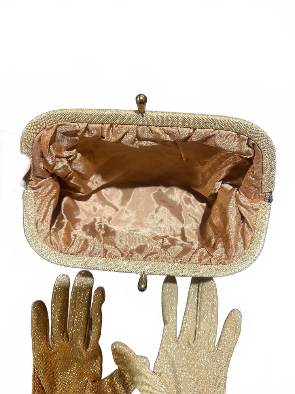 Gold lame clutch with gloves 10” x 5”