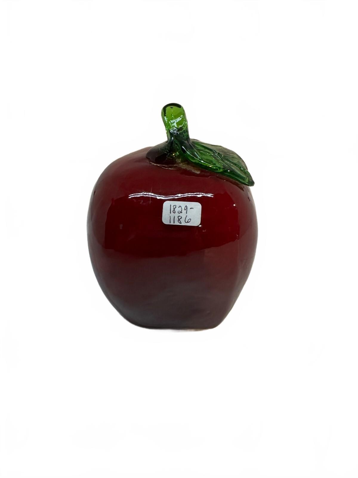 Red Hand Blown Art Glass Apple Paperweight Green Leaf