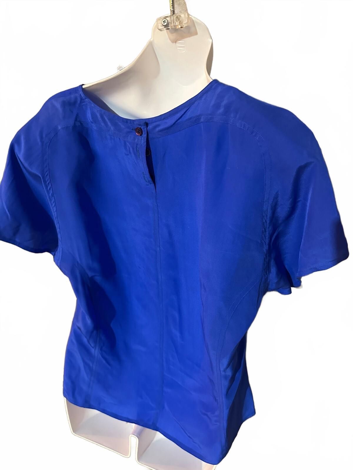 Bethany Blue 100% Silk Short Sleeve Blouse M