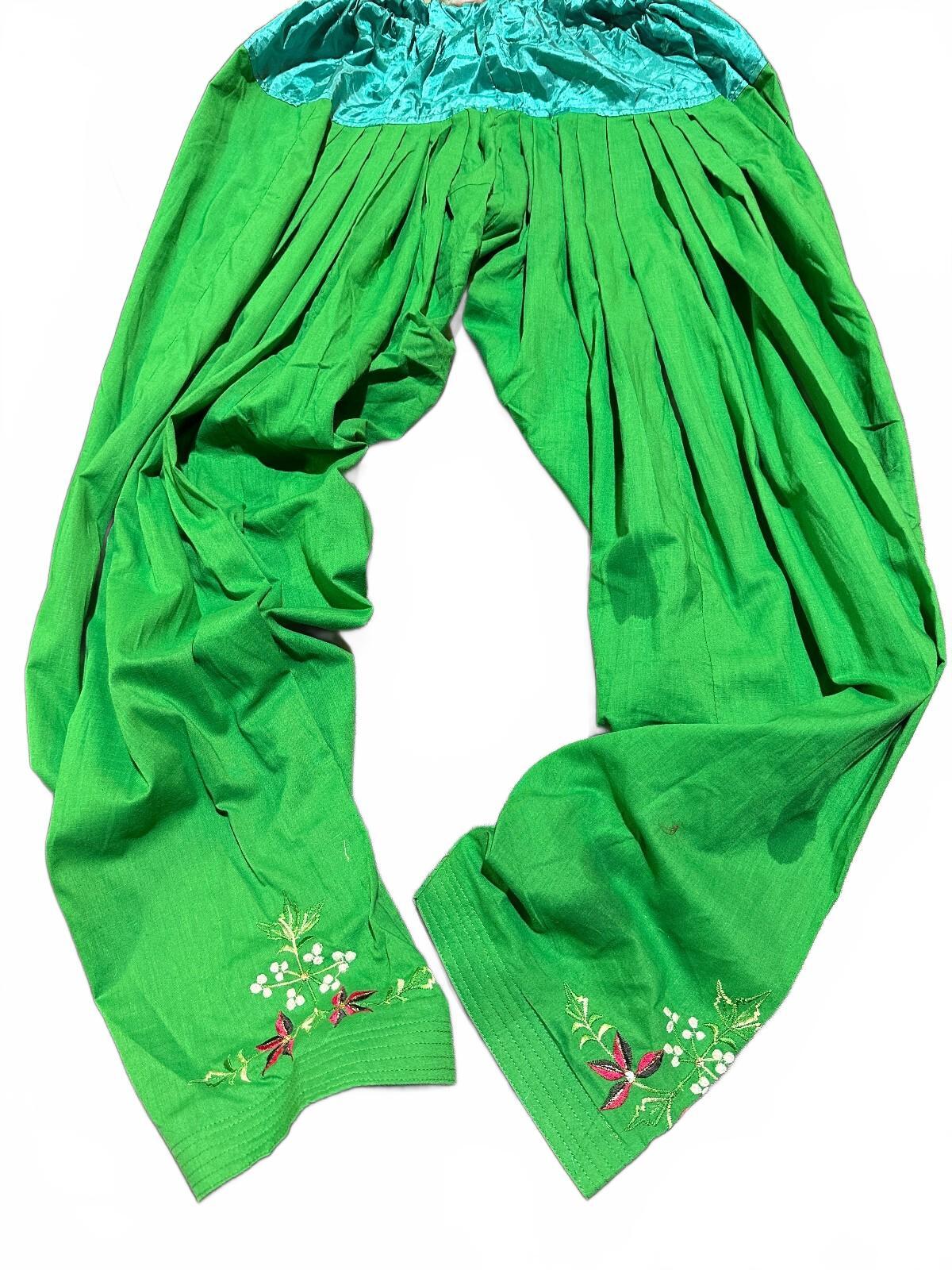 Vintage Green Cotton Harem Pants Embroidered Cuffs