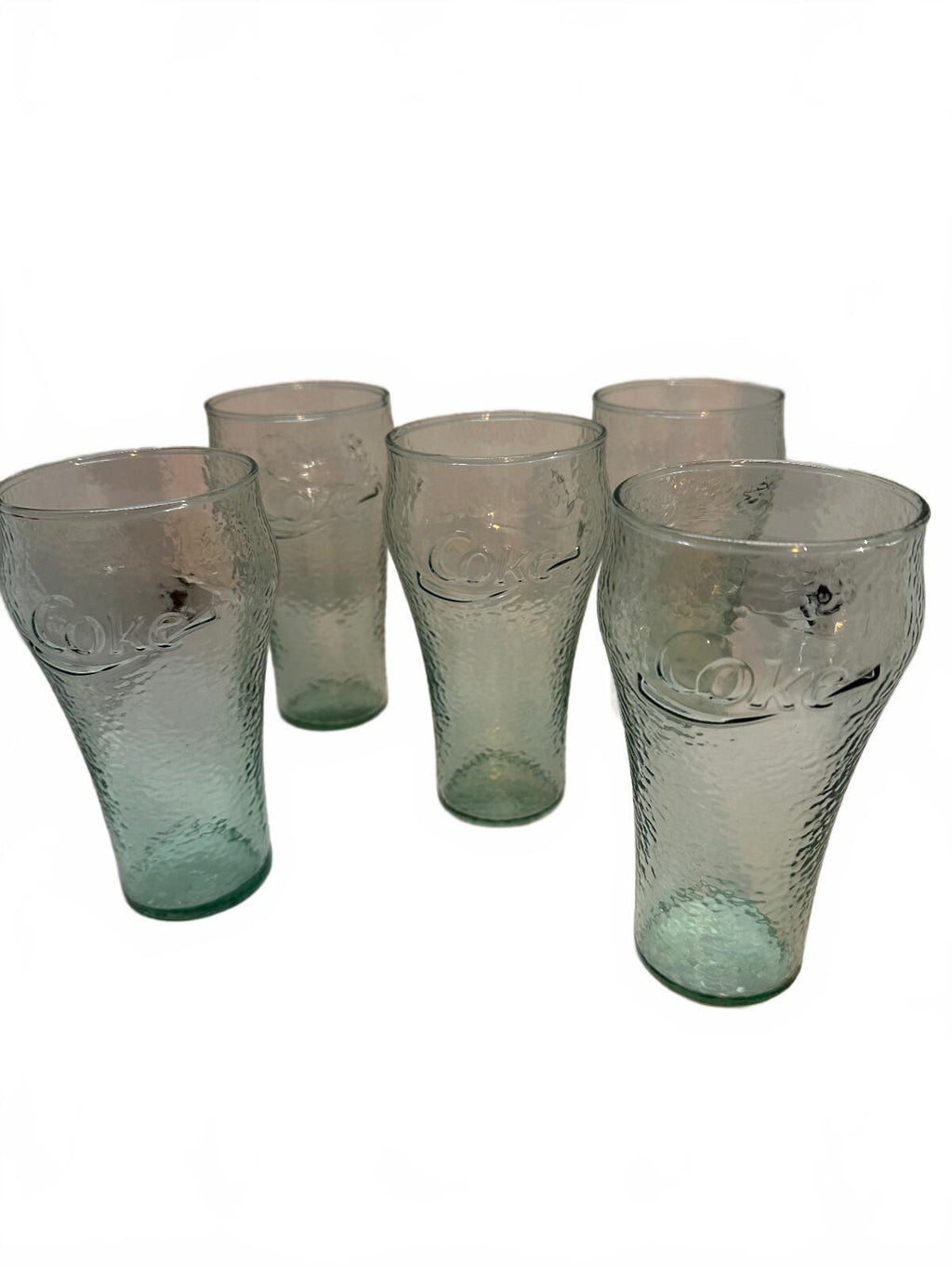 Set of 5 Coca-Cola Green Pebbled Glass Tumblers 6"