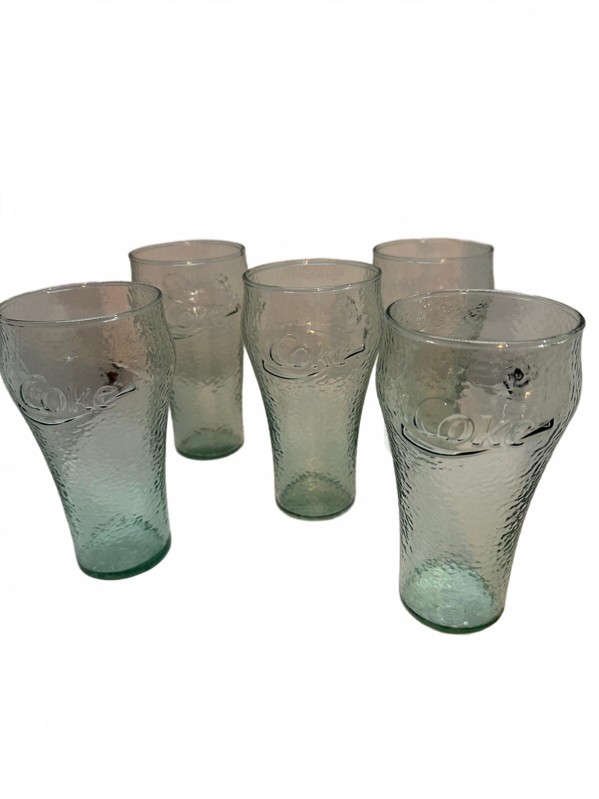 Set of 5 Coca-Cola Green Pebbled Glass Tumblers 6"