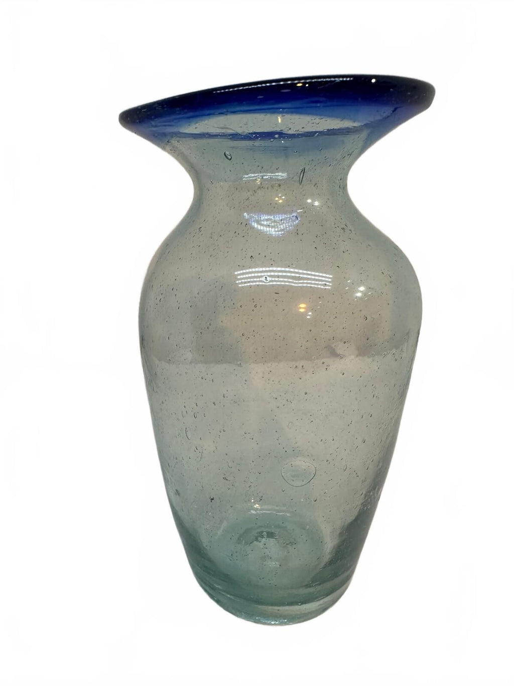 Mexican Hand Blown Glass Vase Cobalt Blue Rim 7.25"