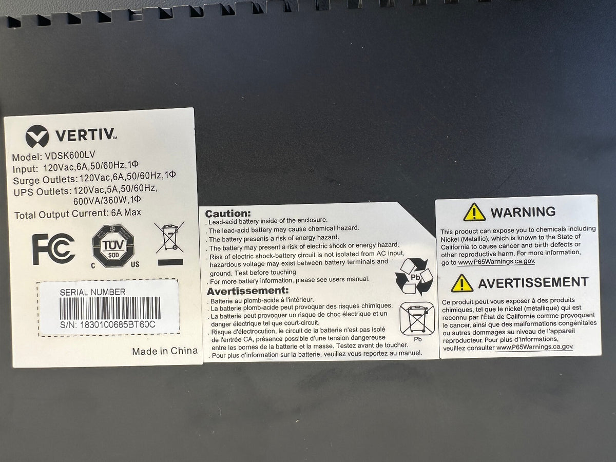 Vertiv 600VA UPS Battery Backup VDESK600LV