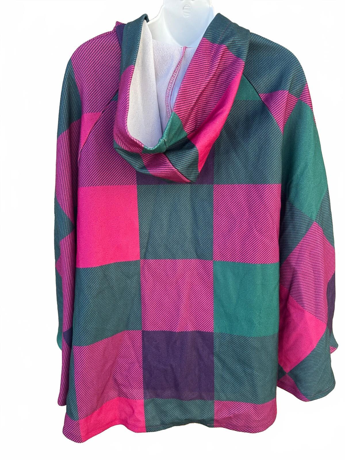 Yo Curic 3XL Plaid Hooded Cape Poncho Pink Green Purple