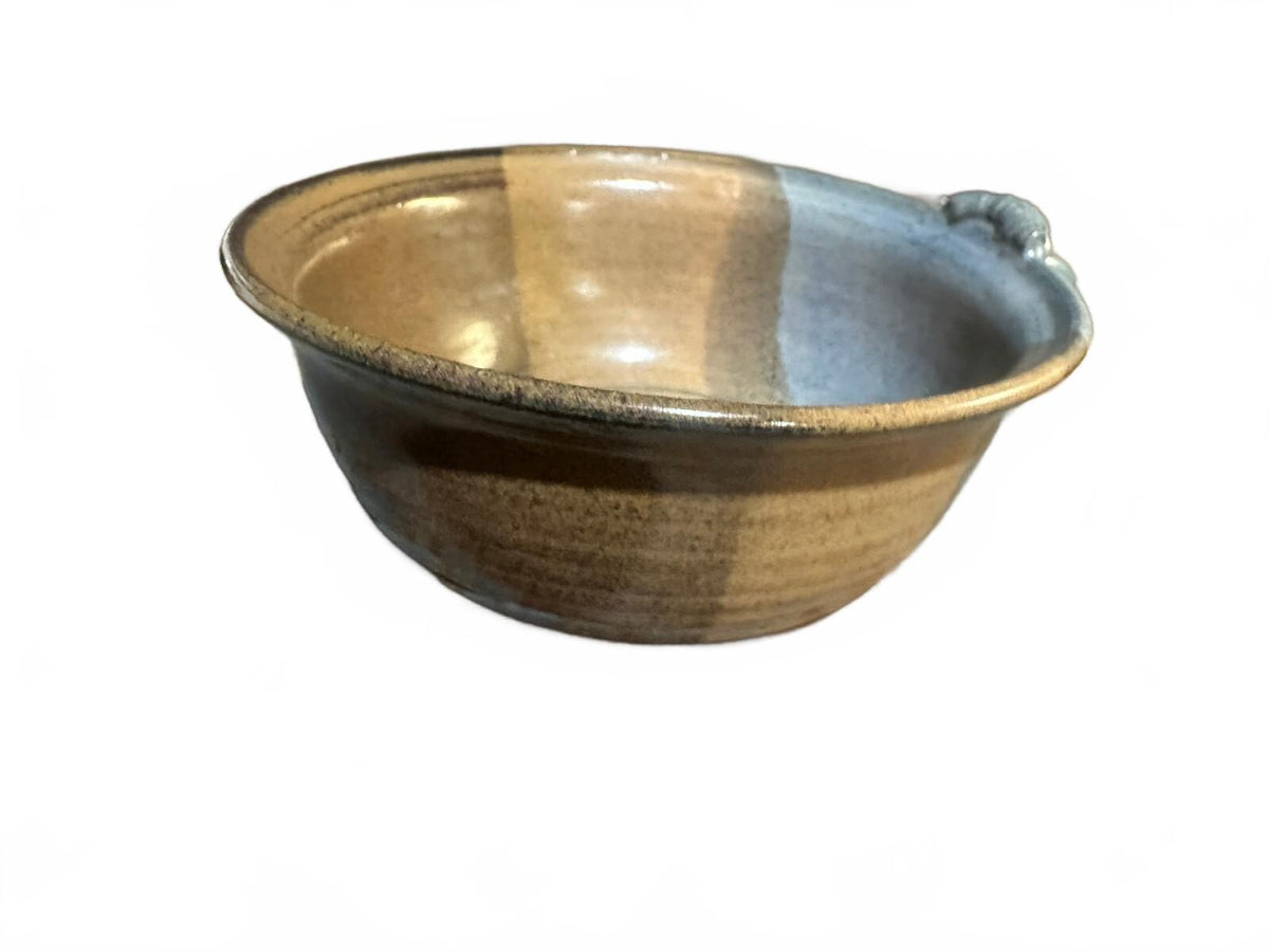 Signed Studio Pottery Handled Soup Bowl Blue Brown 7"