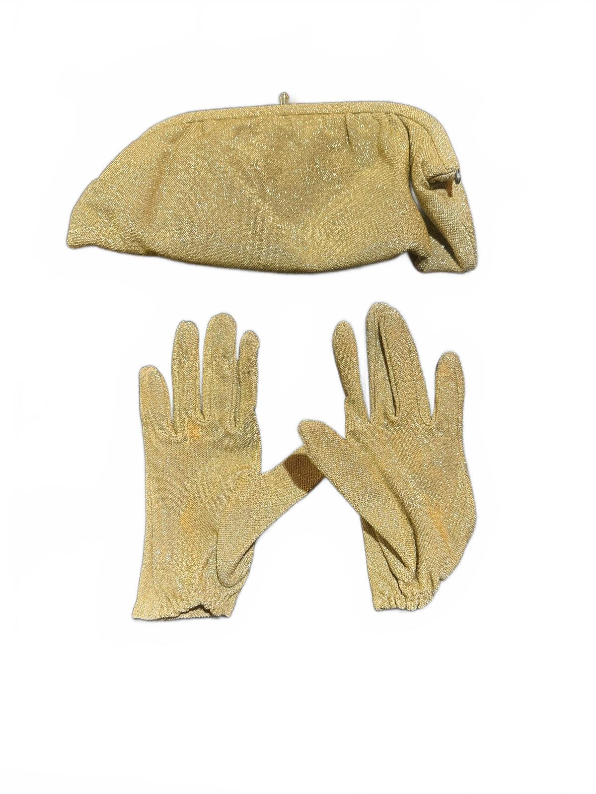 Gold lame clutch with gloves 10” x 5”