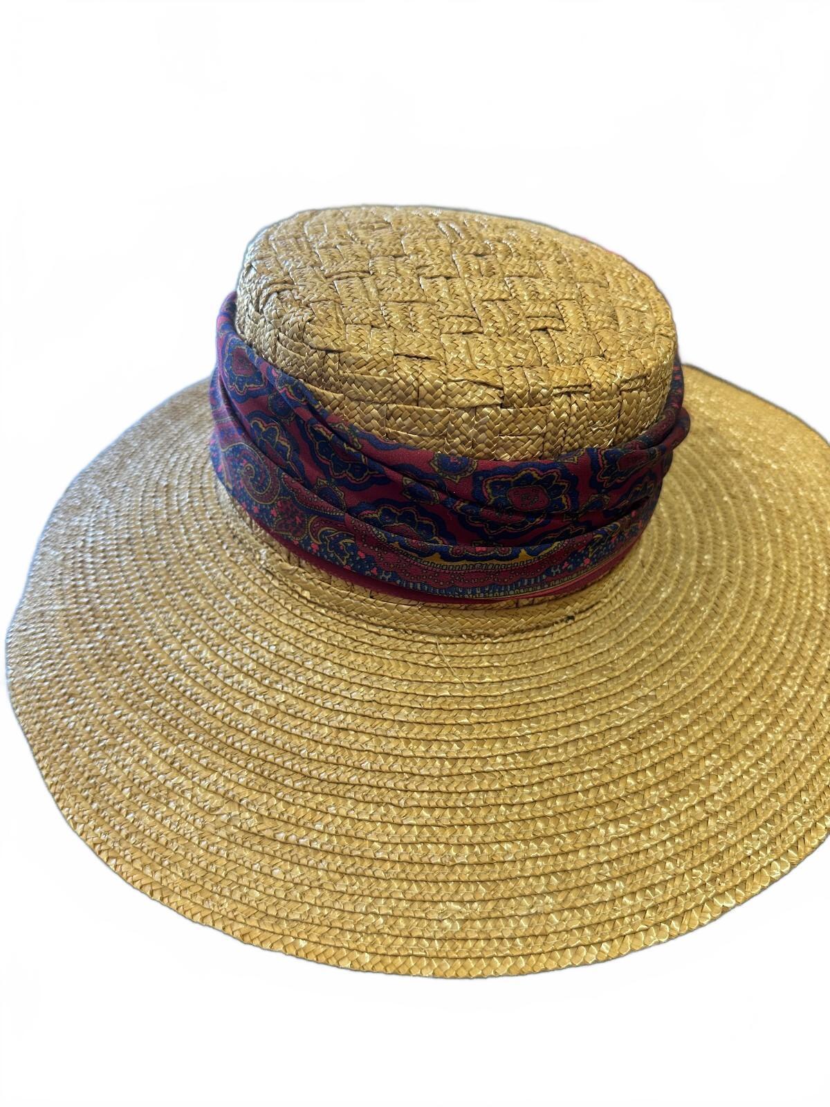 Vintage Straw Sun Hat with Paisley Scarf Trim