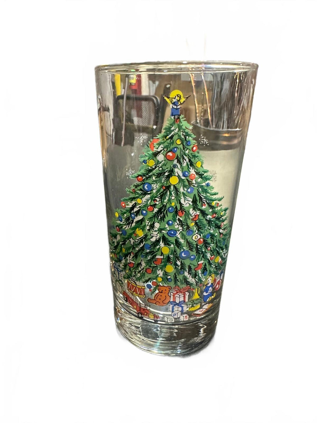 Vintage Christmas Tree Wreath Glass Tumbler 5.5"