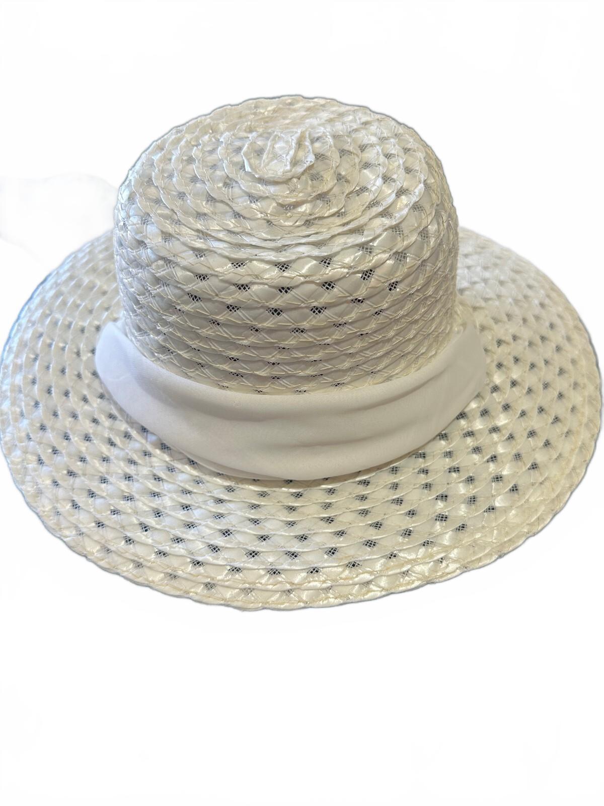 Vintage White Straw Sun Hat with Chiffon Ribbon
