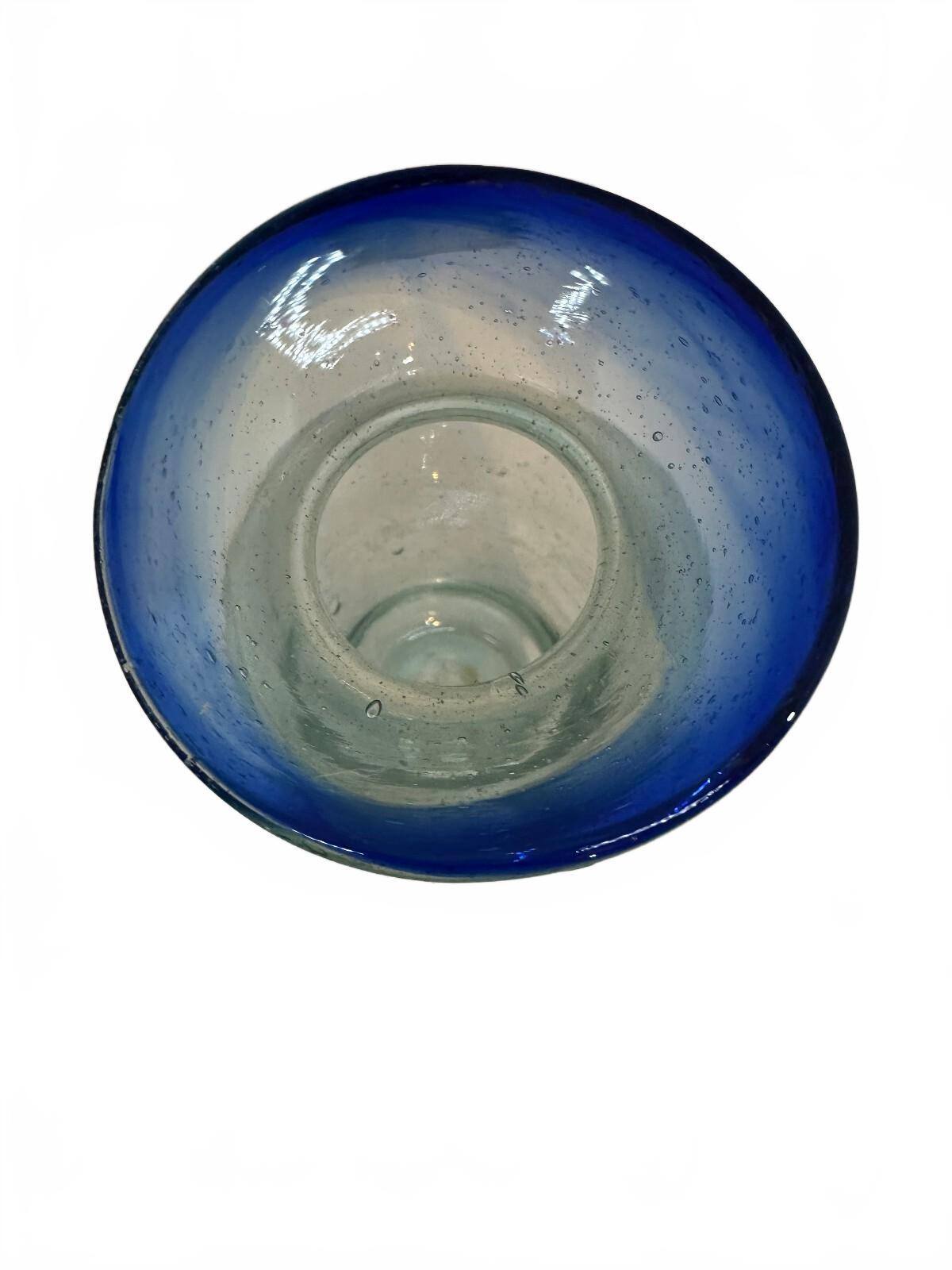 Mexican Hand Blown Glass Vase Cobalt Blue Rim 7.25"