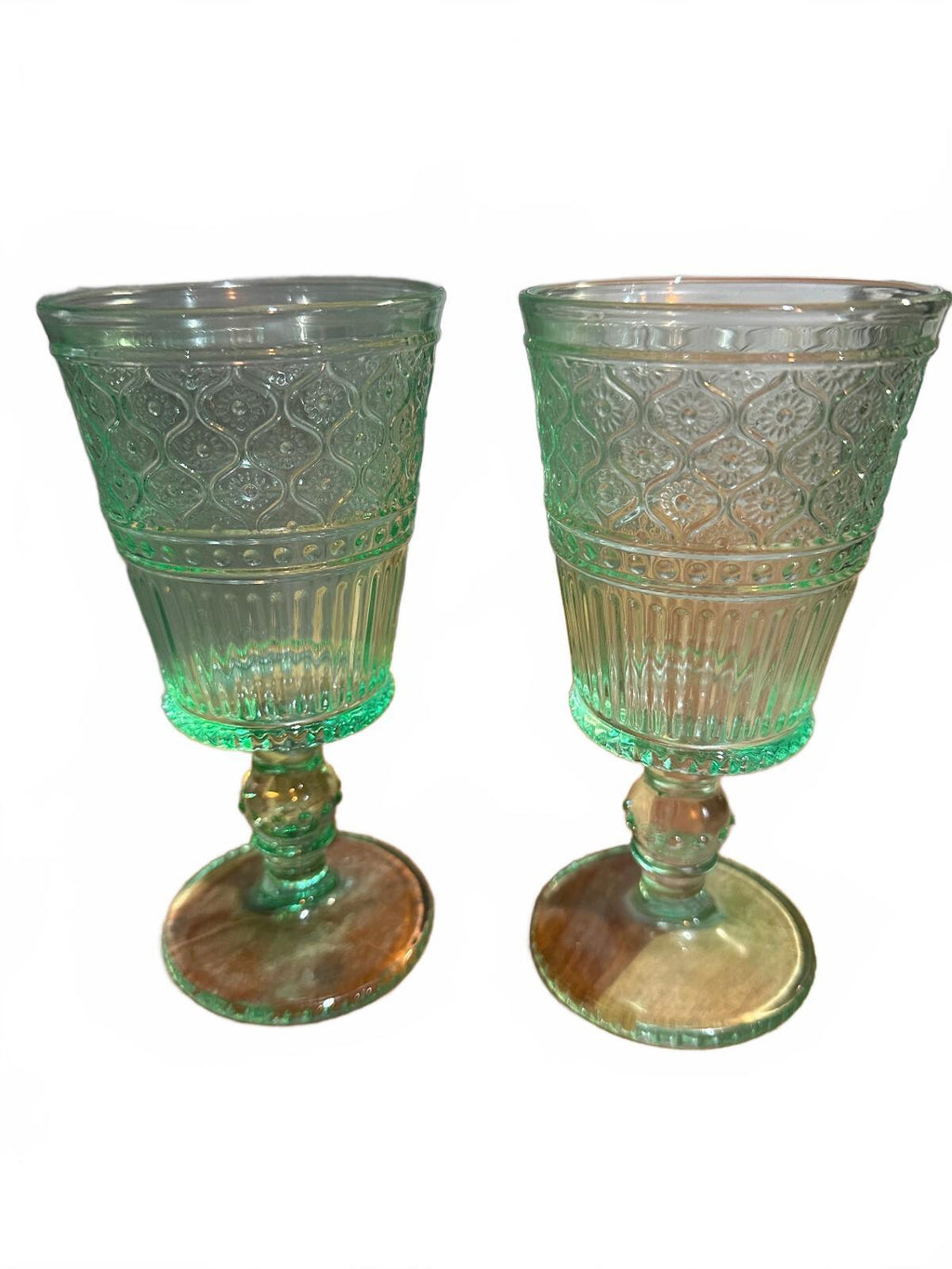 Indiana Glass Diamond Point Green Goblets Set of 2